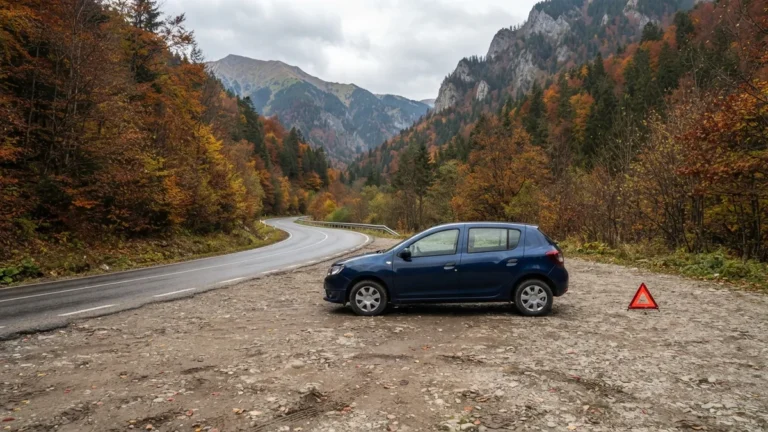 Auto s výstražným trojúhelníkem na horské silnici v Karpatech