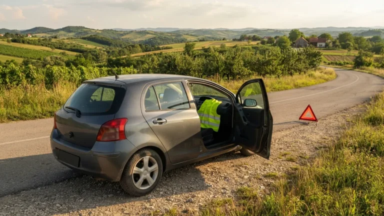 Auto s výstražným trojúhelníkem u silnice v Srbsku