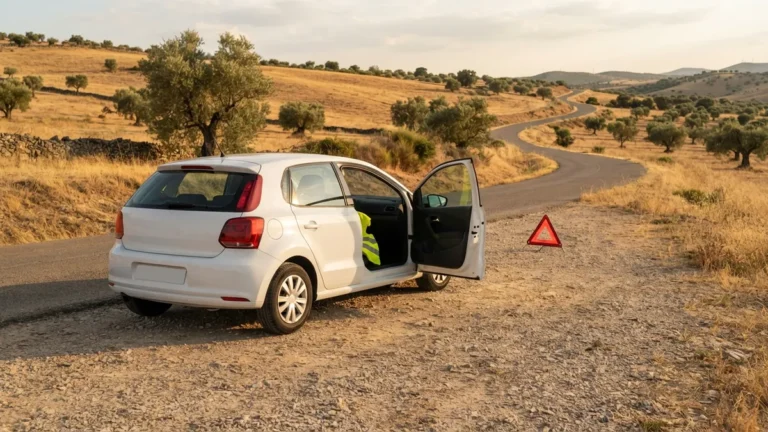 Auto s výstražným trojúhelníkem na krajnici silnice ve Španělsku