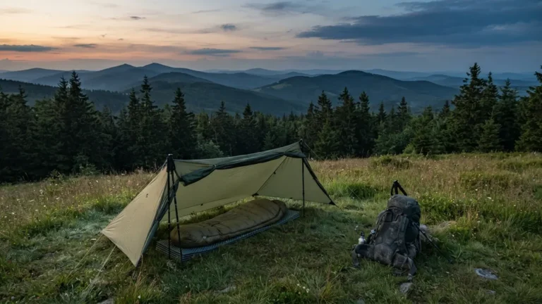 Spacák pod plachtou na horské louce v Beskydech za soumraku