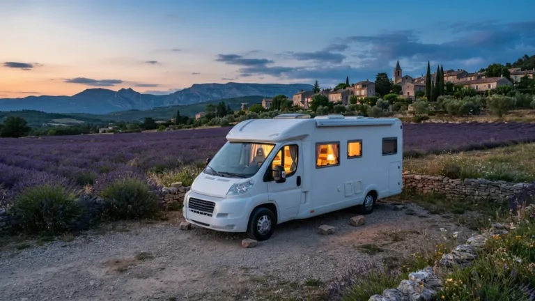 Dodávka zaparkovaná za soumraku na vesnickém parkovišti v Provence