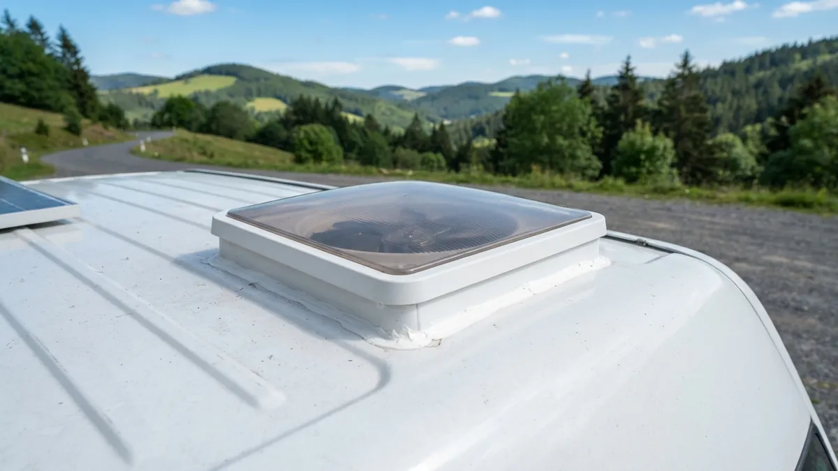 Střešní ventilátor s průsvitným víkem na střeše obytné dodávky