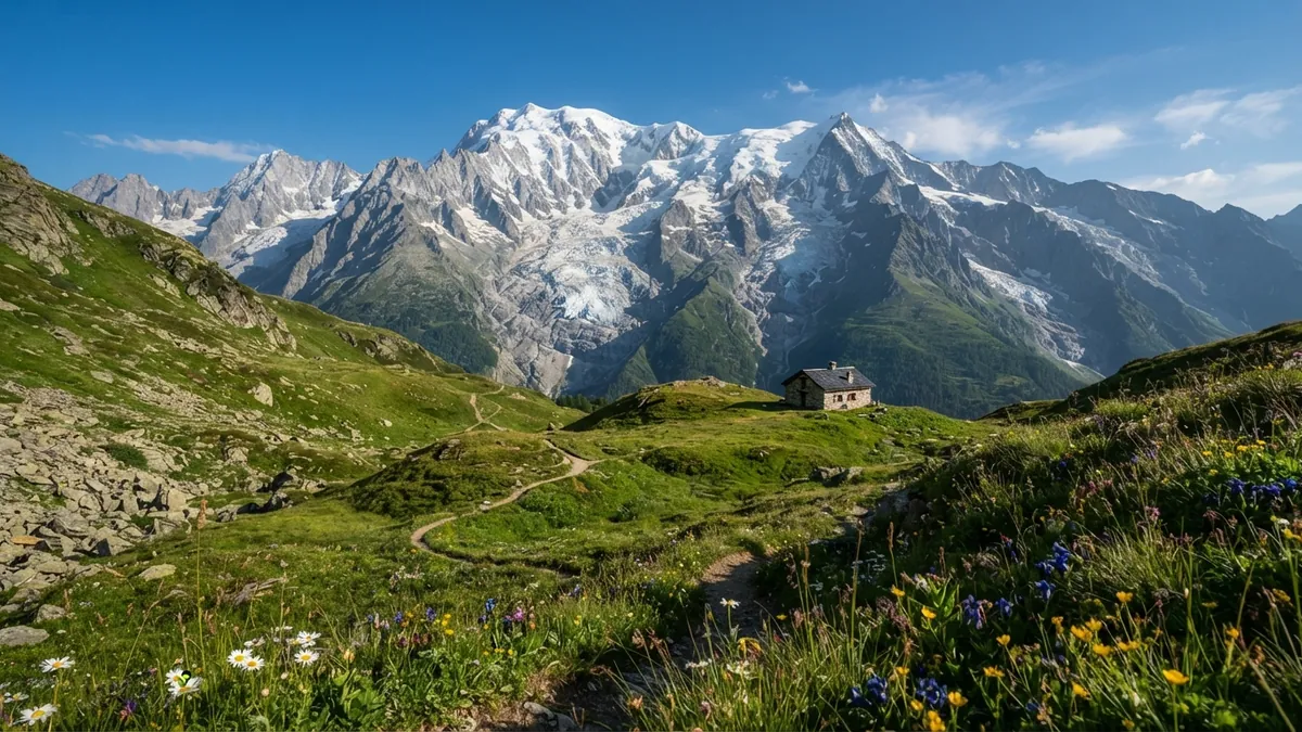 Horská stezka v pastvinách pod ledovci masivu Mont Blanc