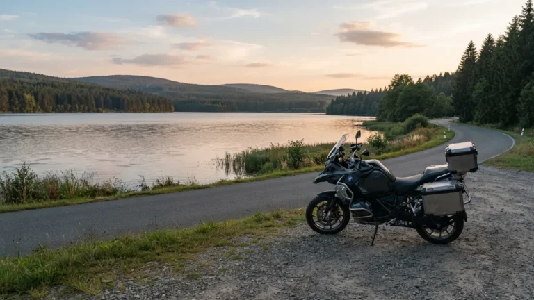 Motorka u silnice podél Lipna s lesy Šumavy v pozadí
