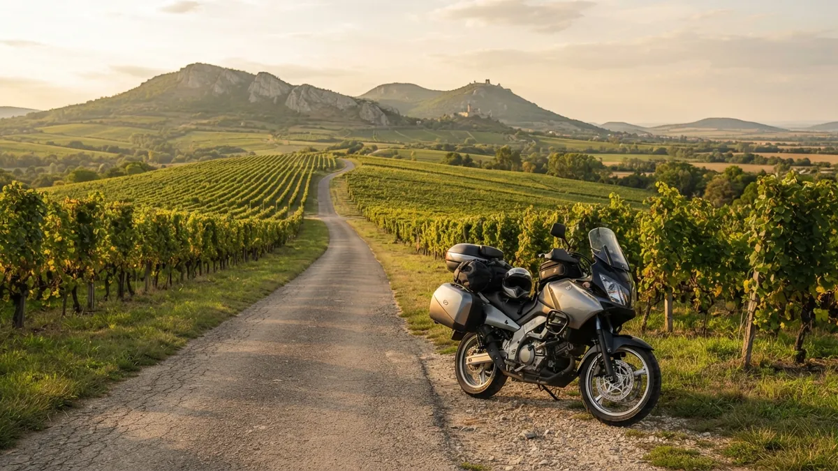 Motorka na silnici mezi vinicemi pod Pálavou na jižní Moravě
