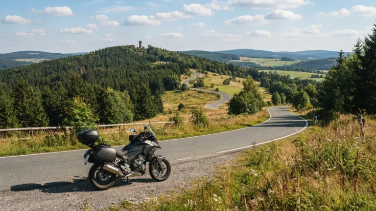 Motorka u lesní silnice v Krušných horách s výhledem na hřebeny