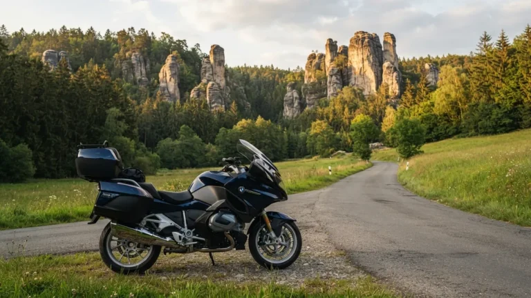 Motorka u silnice pod pískovcovými skalami na Broumovsku