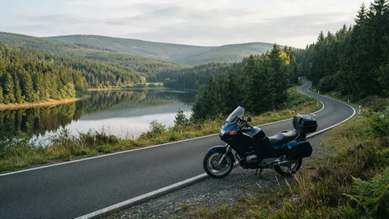 Motorka u horské silnice nad přehradou v Jizerských horách