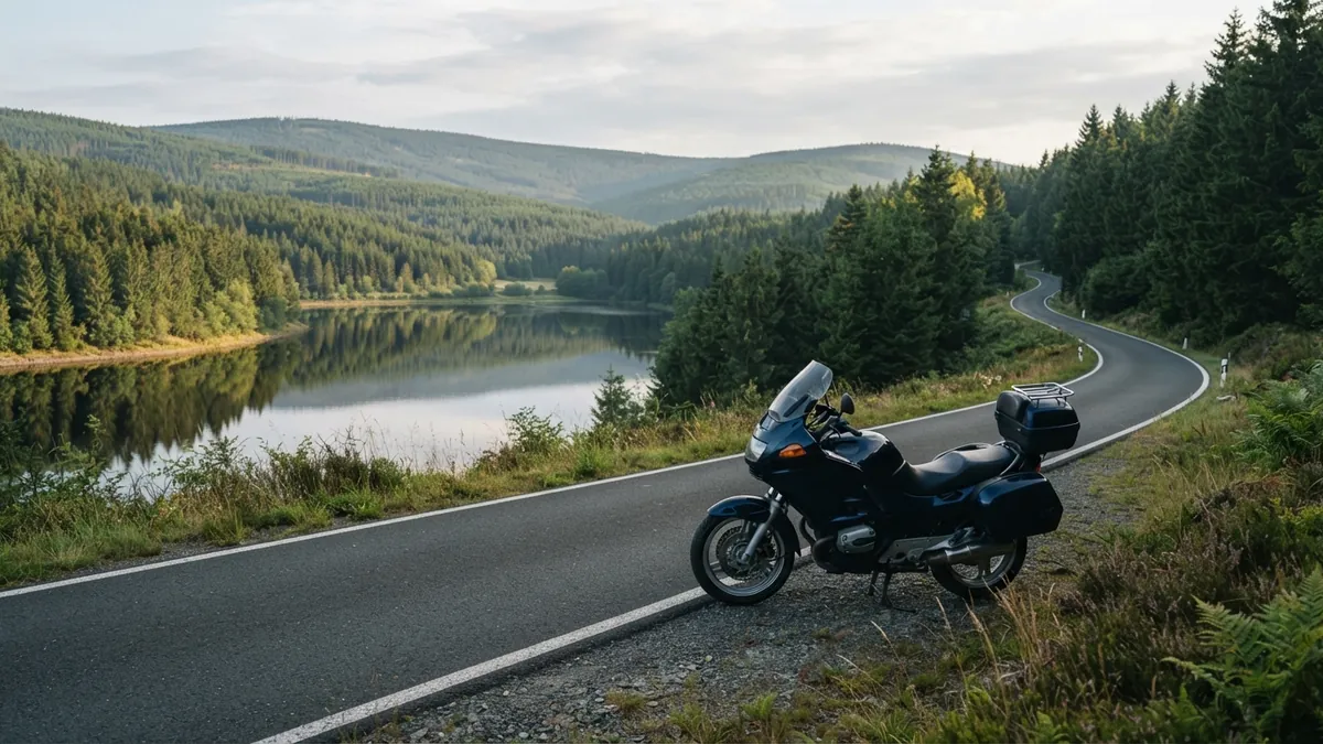 Motorka u horské silnice nad přehradou v Jizerských horách