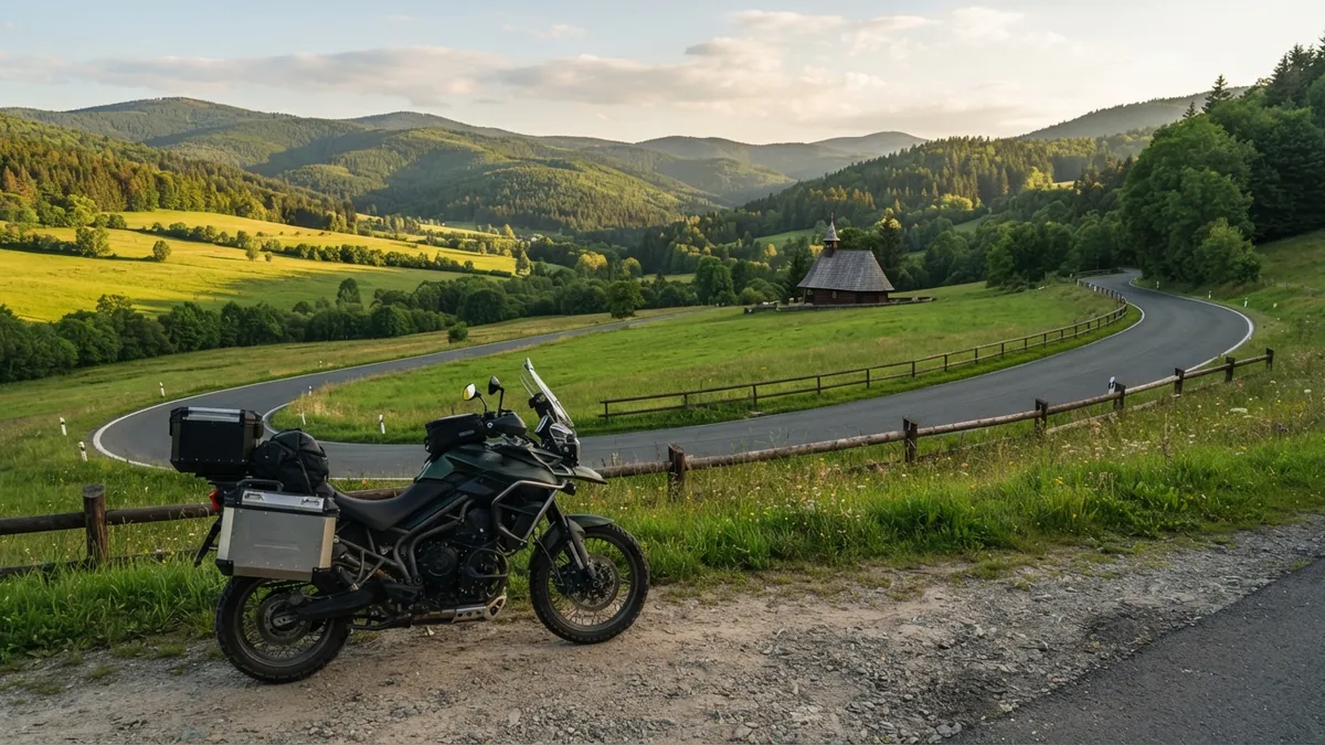Motorka u silnice v beskydském údolí s lesnatými kopci