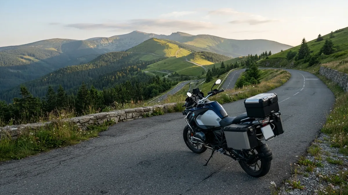 Cestovní motorka na horském sedle v Jeseníkách se zatáčkami