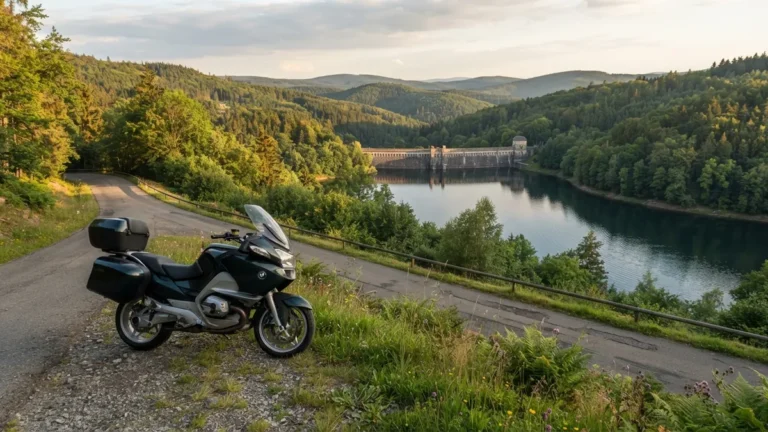 Motorka u silnice nad přehradou v Železných horách