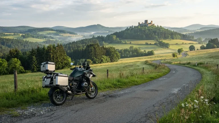 Motorka u silnice v Pošumaví s lesy a zříceninou hradu