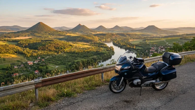 Motorka na vyhlídce nad údolím Labe s kopci Českého středohoří