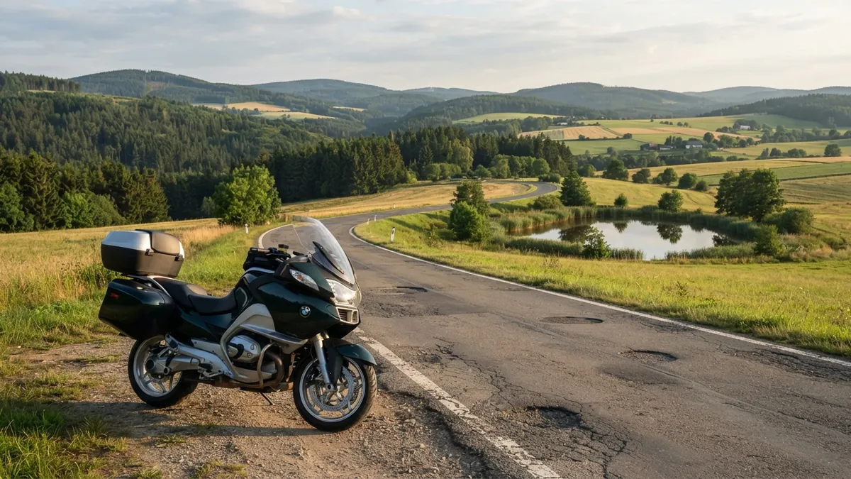 Cestovní motorka na klikaté silnici mezi lesy a poli Vysočiny