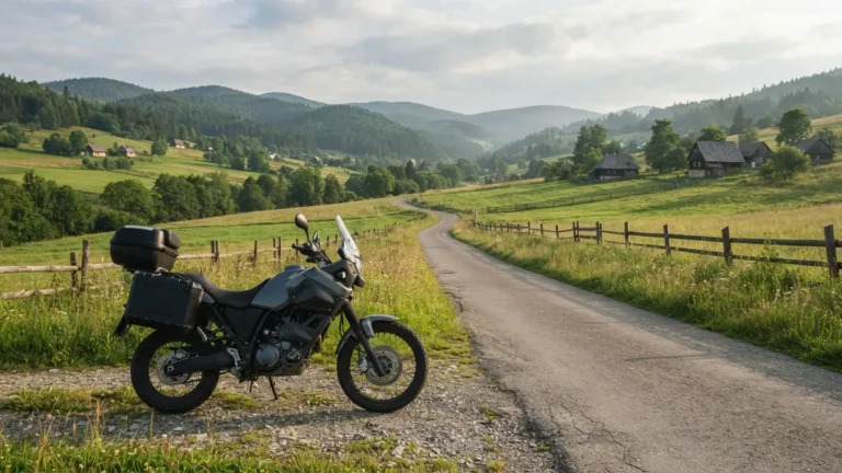Motorka u silnice ve valašských kopcích s loukami a lesy