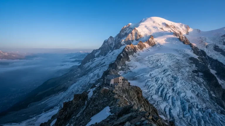 Zasněžený vrchol Mont Blancu nad ledovcem a horskou chatou na skalách