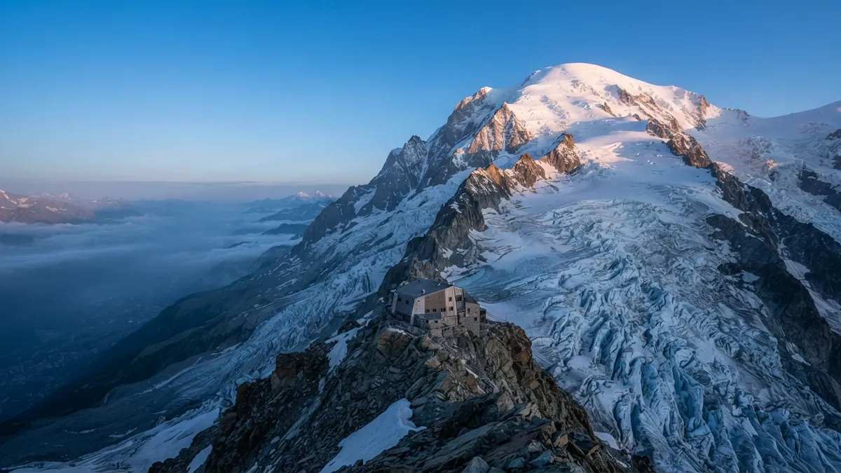 Zasněžený vrchol Mont Blancu nad ledovcem a horskou chatou na skalách