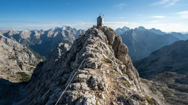 Vápencový hřeben s ocelovým lanem vedoucí na vrchol Triglavu