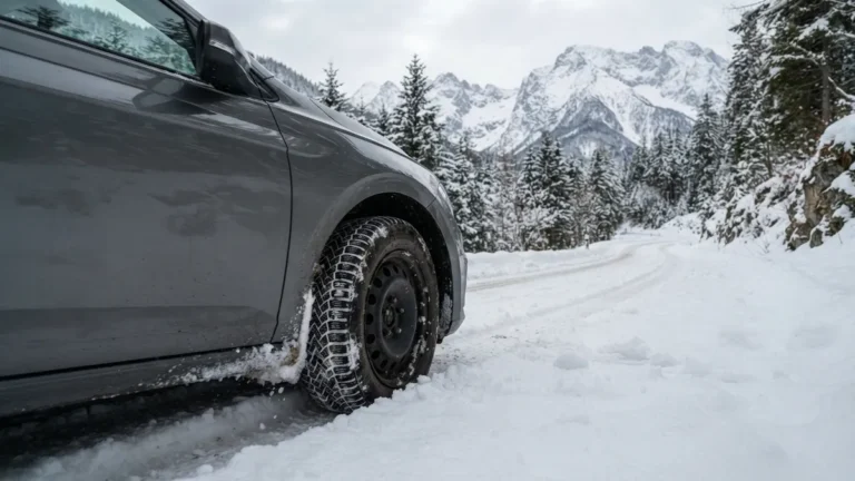 Auto se zimními pneumatikami na zasněžené alpské silnici v Rakousku