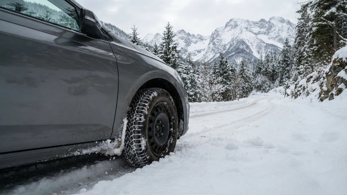 Auto se zimními pneumatikami na zasněžené alpské silnici v Rakousku